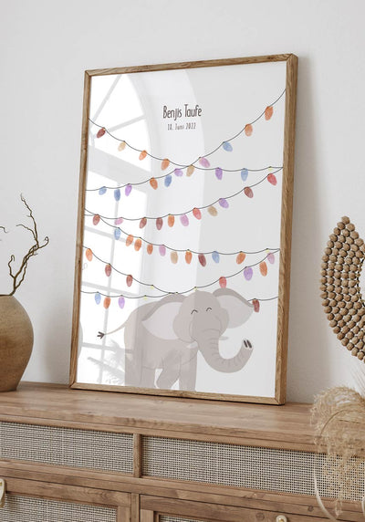 Personalisierbares Fingerabdruck-Poster Elefant Geburtstag