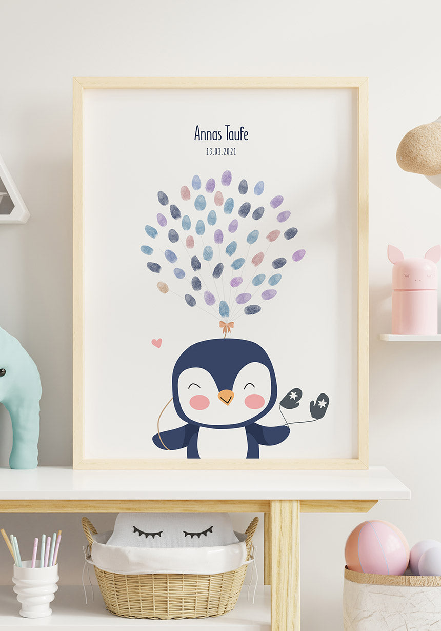 Fingerabdruck Poster Taufe Pinguin im Holzrahmen