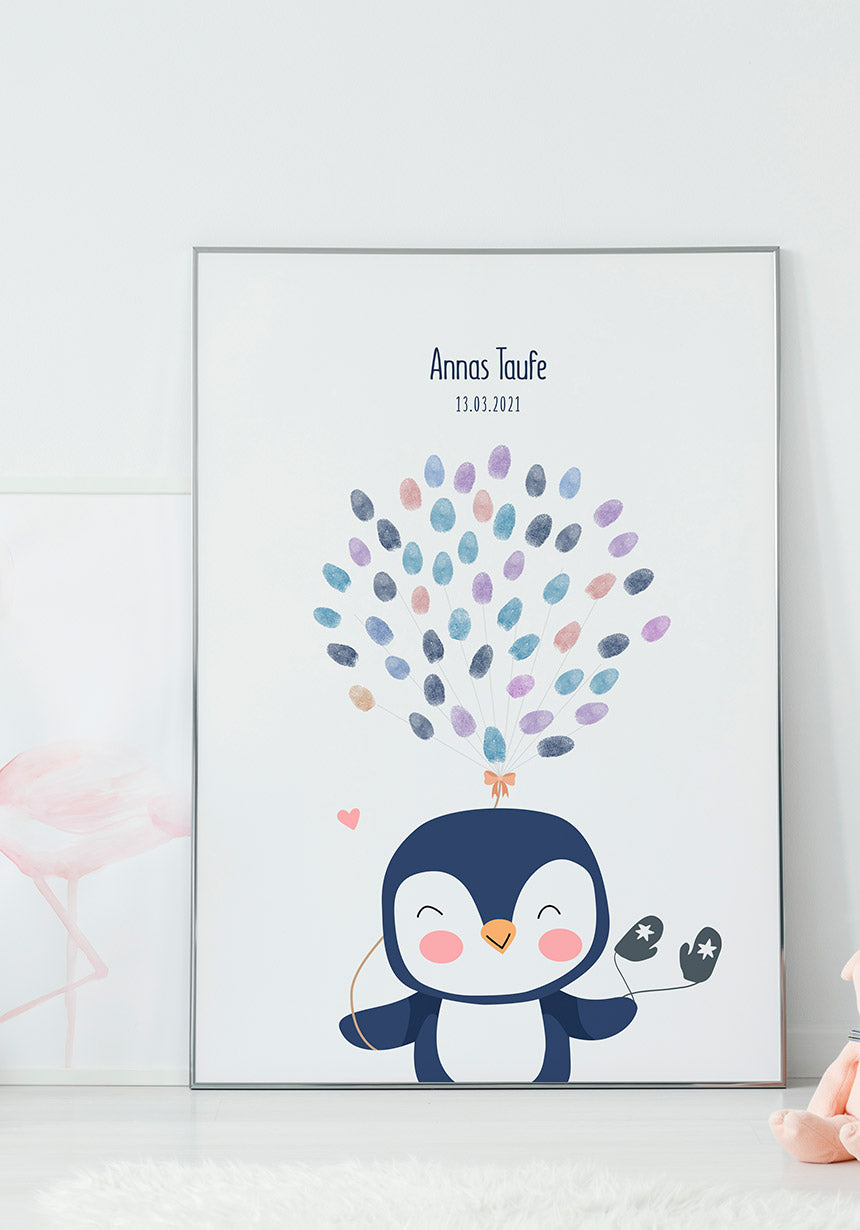 Fingerabdruck Poster Taufe Pinguin an weißer Wand