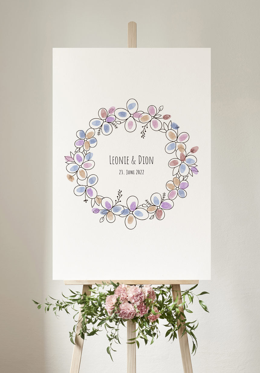 Fingerabdruck-Poster Blumenkranz personalisiert Hochzeit