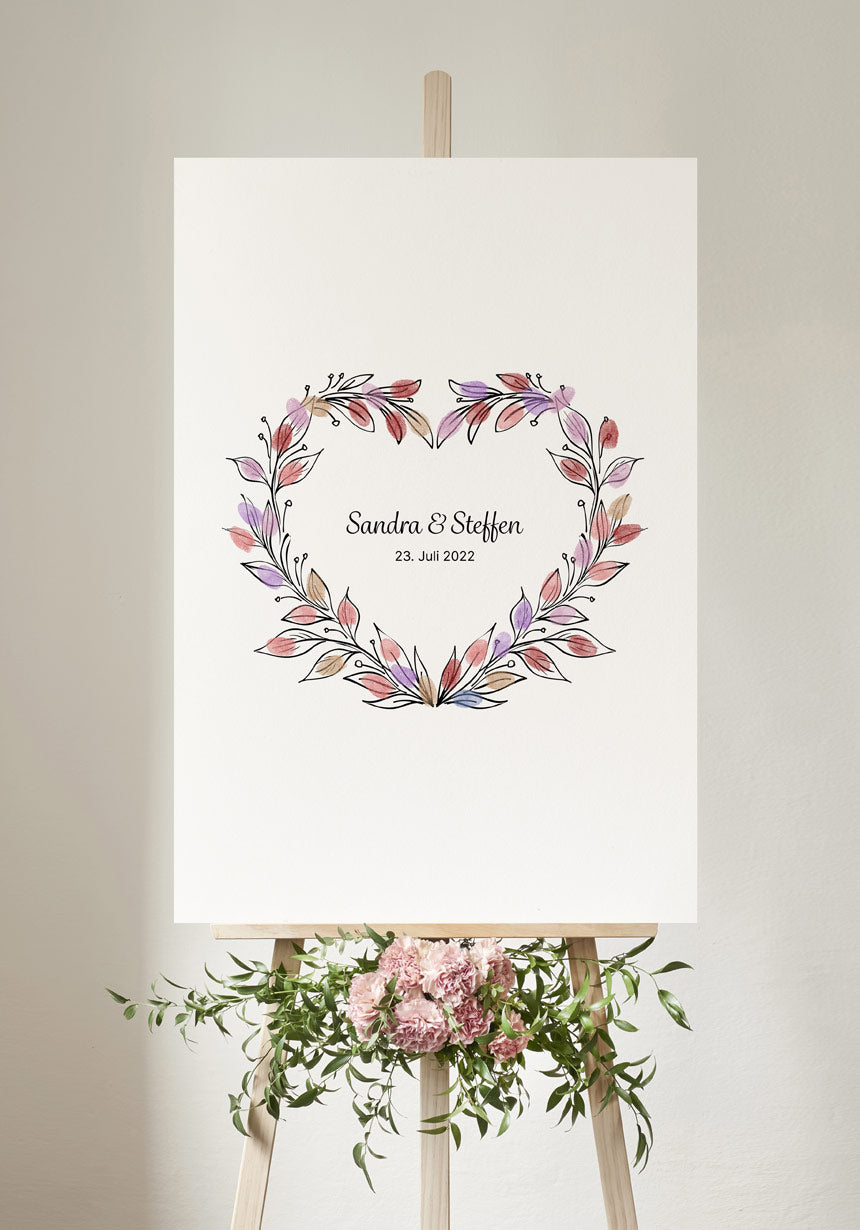 Fingerabdruck-Poster Blumenherz personalisiert Hochzeit
