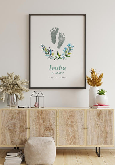 Poster Fußabdruck Geburt Blumen im Wohnzimmer