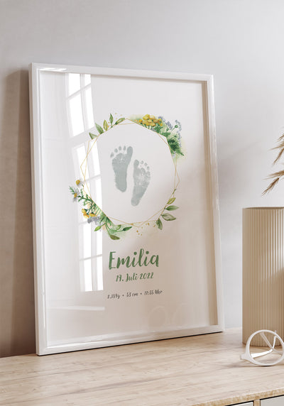 Personalisiertes Fußabdruck-Geburtsposter mit Blumen für Babys