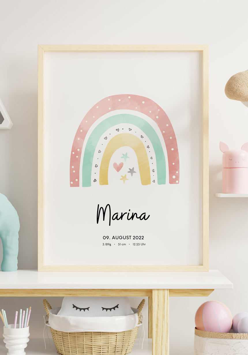 Personalisiertes Baby-Geburtsposter mit Regenbogen und Namen für Eltern