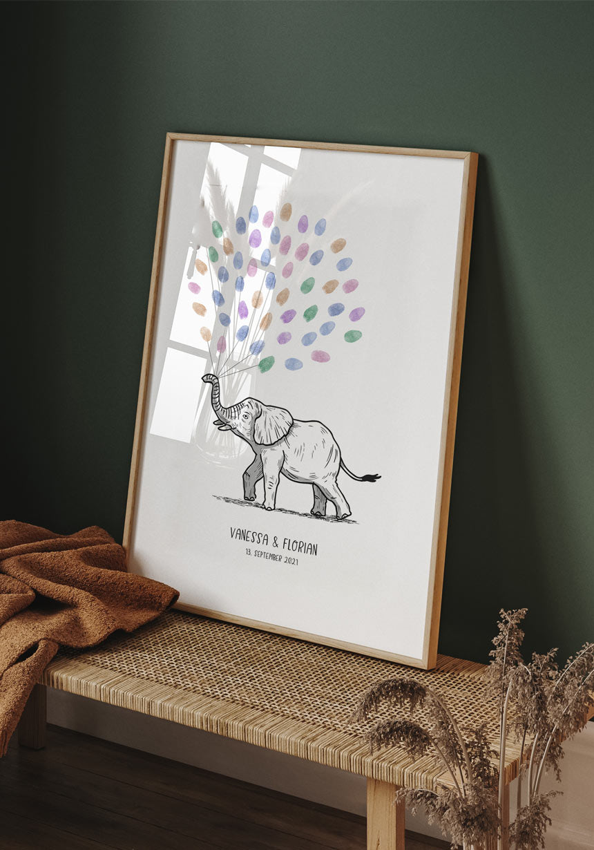 Personalisierbares Fingerabdruck-Poster Elefant zur Hochzeit als Geschenk