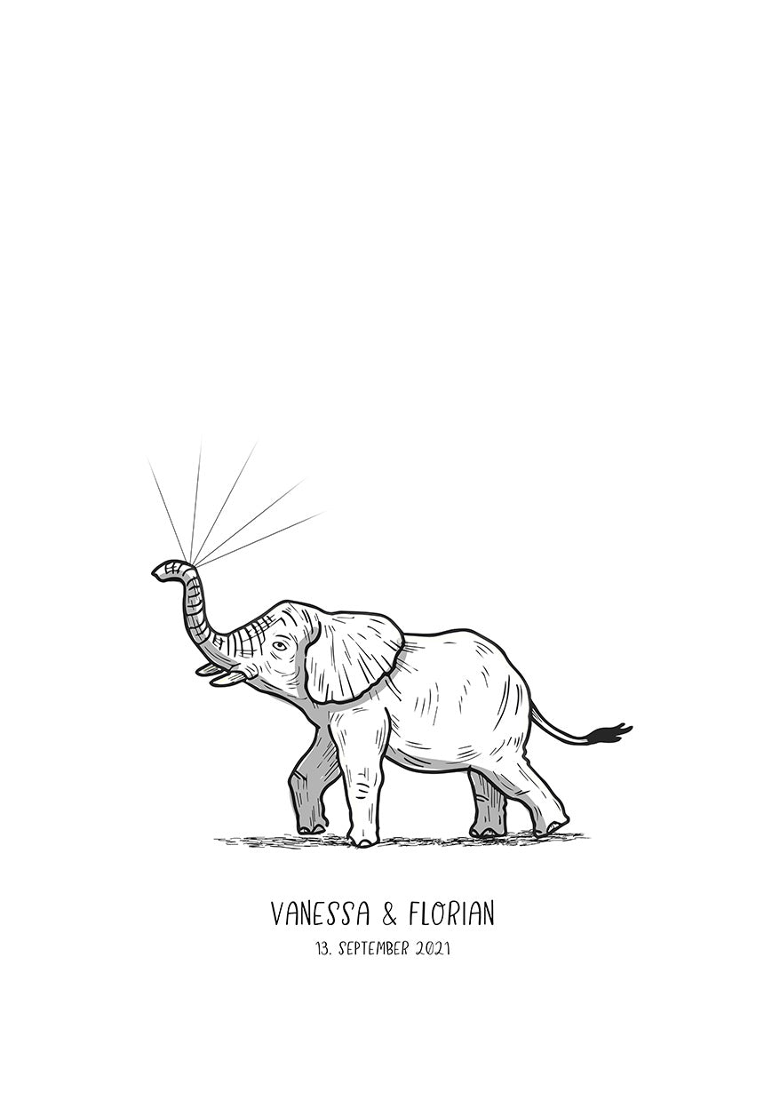Personalisierbares Fingerabdruck-Poster Elefant für Paare zur Hochzeit ohne Fingerabdrücke