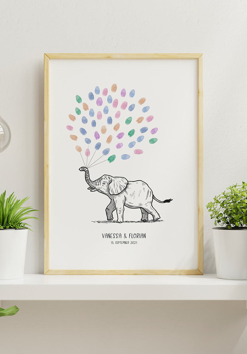 Personalisierbares Fingerabdruck-Poster Elefant für Paare zur Hochzeit im Rahmen