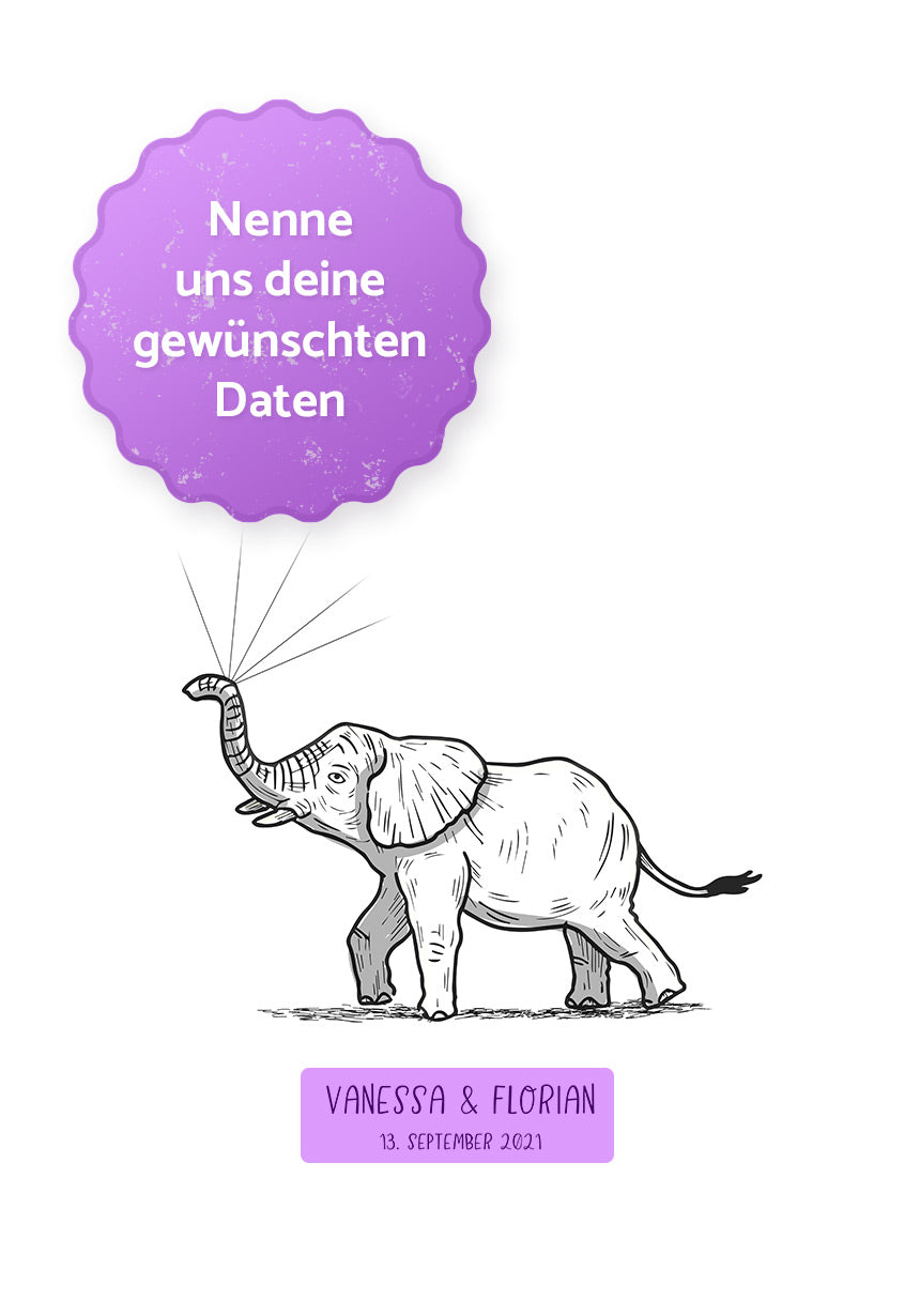Personalisierbares Fingerabdruck-Poster Elefant für Paare zur Hochzeit Daten