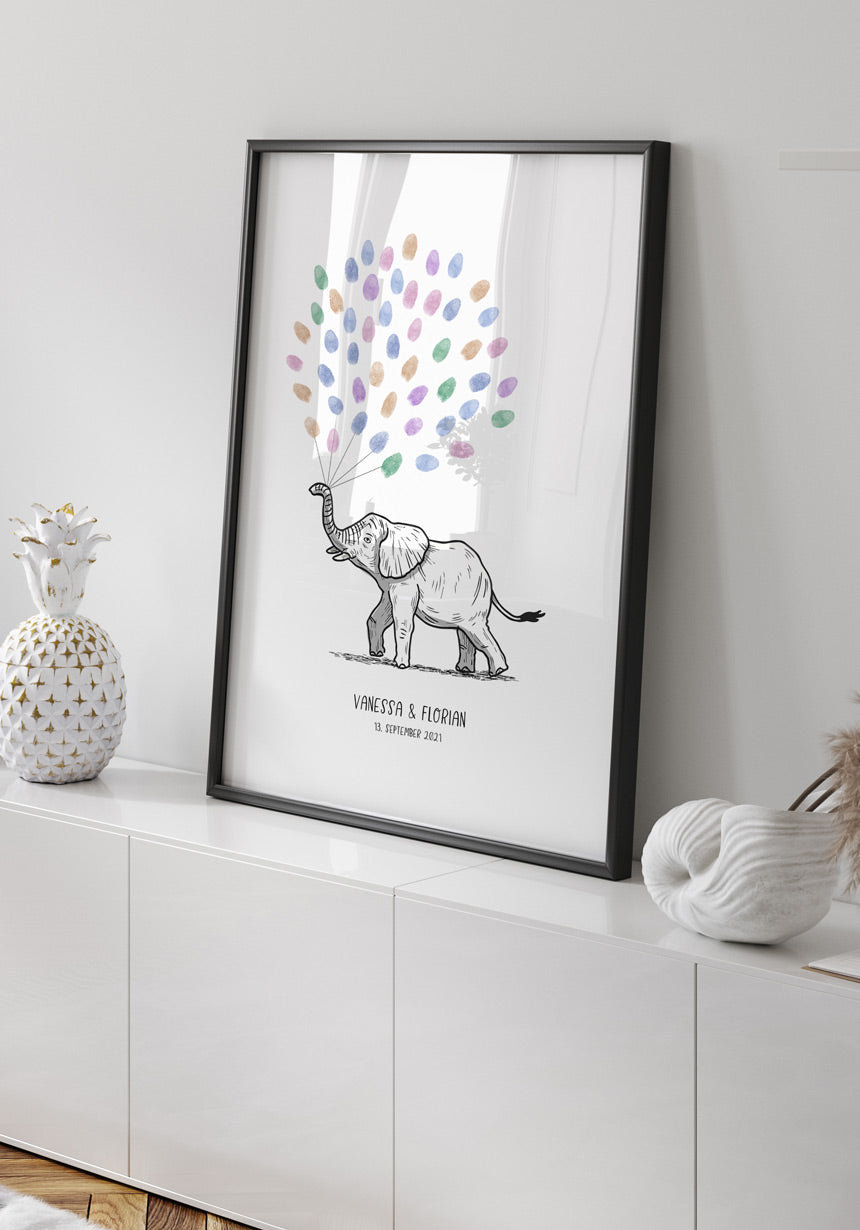 Personalisierbares Fingerabdruck-Poster Elefant zur Hochzeit im Bilderrahmen