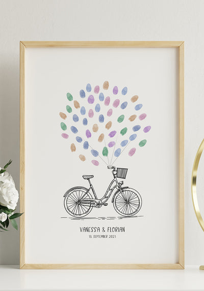 Personalisierbares Fingerabdruck-Poster Fahrrad für Paare zur Hochzeit Holzrahmen