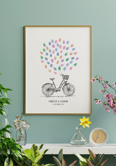 Personalisierbares Fingerabdruck-Poster Fahrrad für Paare zur Hochzeit Wohnzimmer