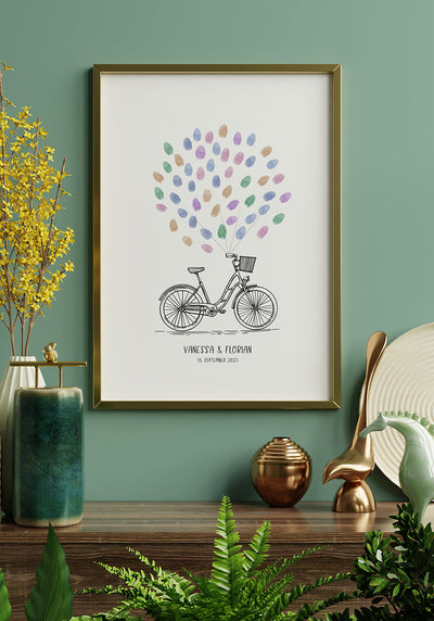 Personalisierbares Fingerabdruck-Poster Fahrrad für Paare zur Hochzeit an der Wand