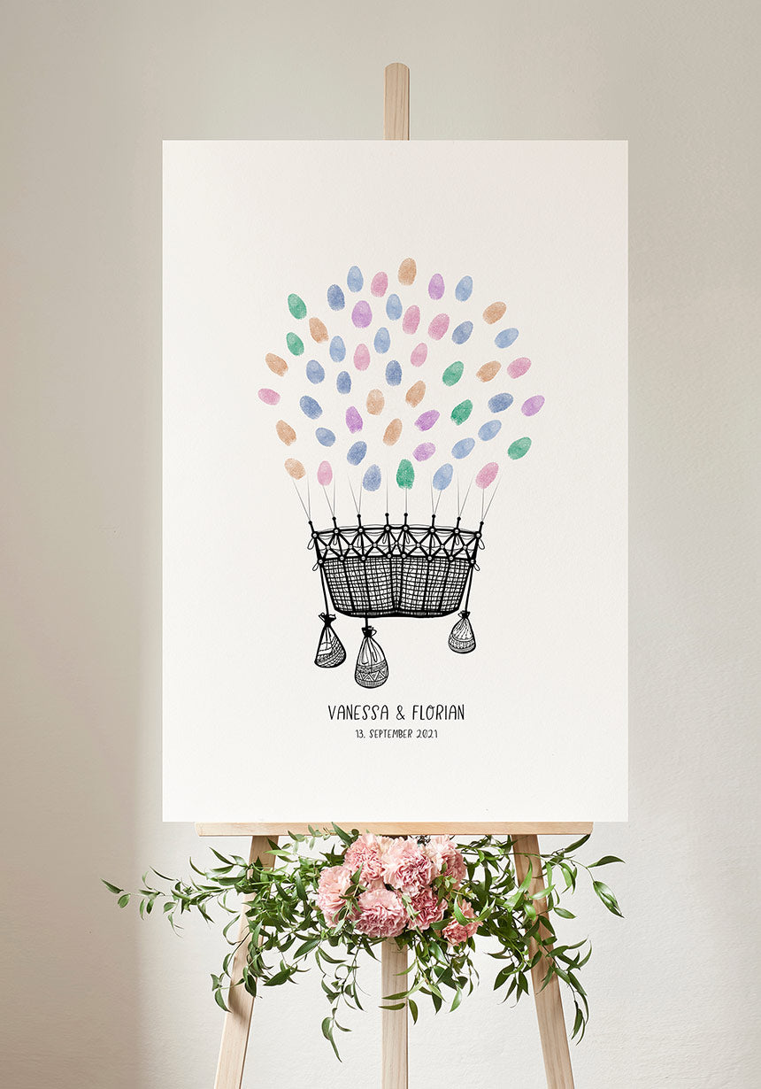 Personalisierbares Fingerabdruck-Poster Heißluftballon zur Hochzeit