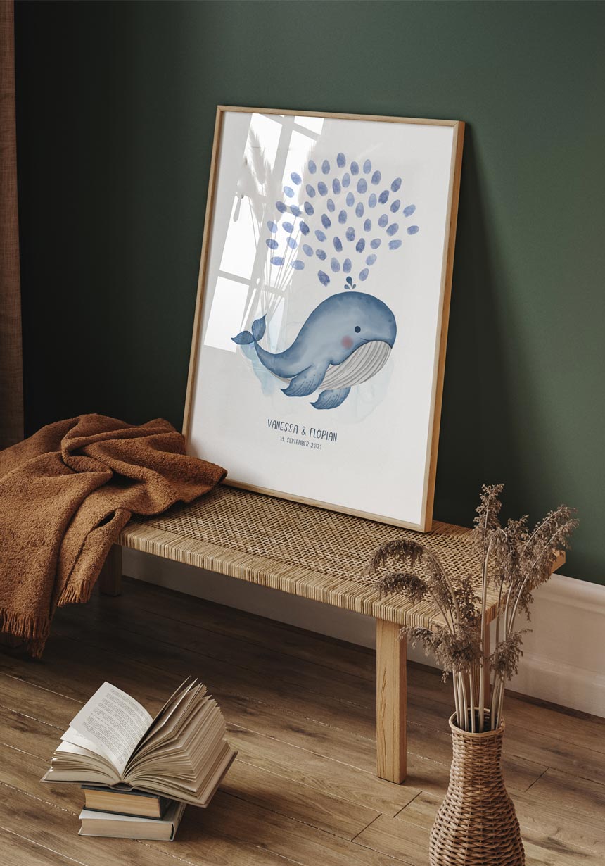 Personalisierbares Fingerabdruck-Poster mit Wal im Bilderrahmen