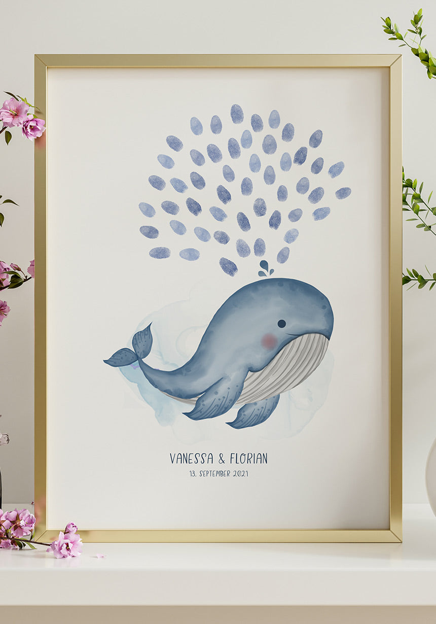 Personalisierbares Fingerabdruck-Poster mit Wal für Paare zur Hochzeit mit Blumen