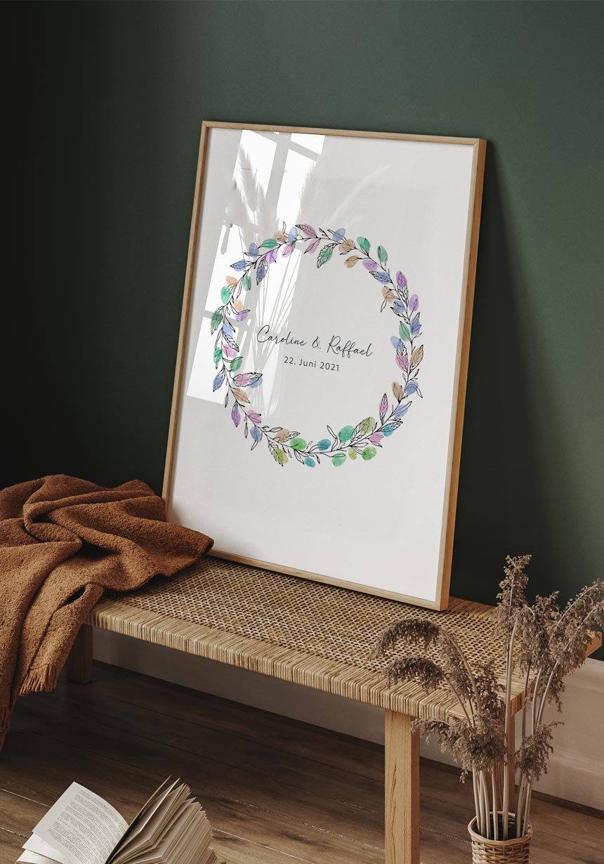 Personalisierbares Fingerabdruck Poster Kranz für Hochzeit mit Abdrücken für Zuhause