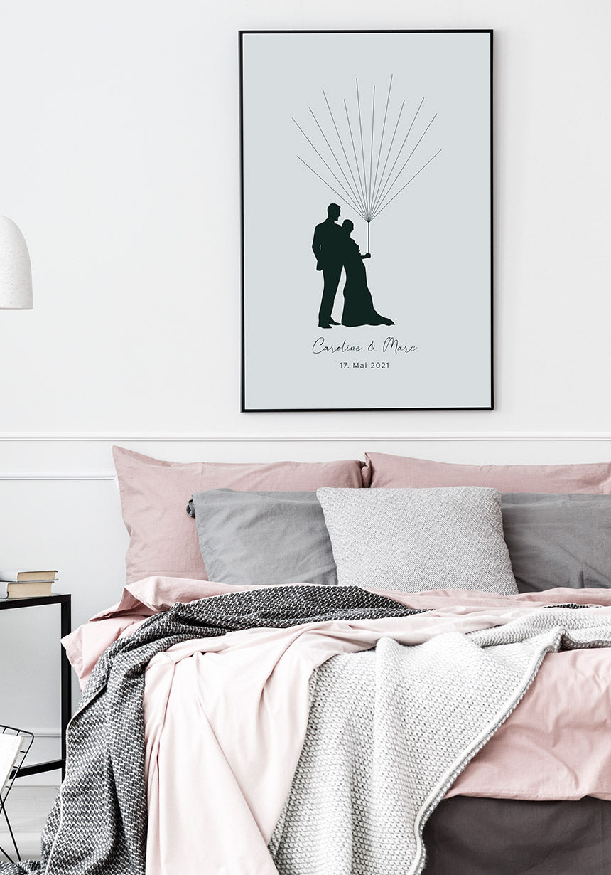 Personalisierbares Fingerabdruck-Poster mit Luftballons im Schlafzimmer