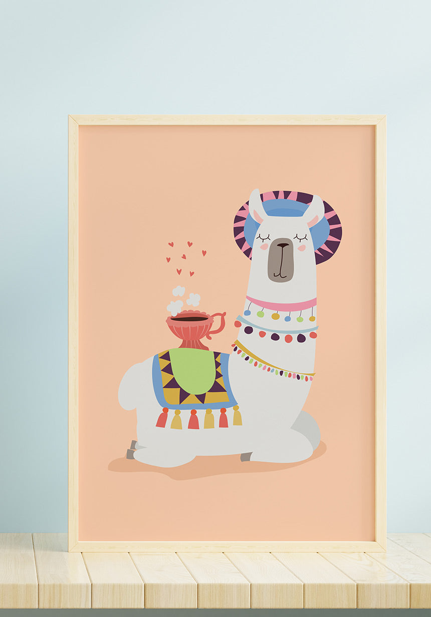 Poster Illustration Alpaka mit Kaffee im Holzrahmen
