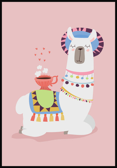 Poster Illustration Alpaka mit Kaffee rosa Hintergrund
