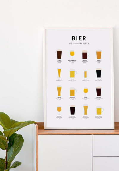 Poster Illustration Biersorten Übersicht auf Sideboard