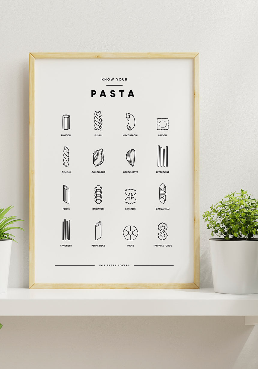 Poster Illustration Pasta-Sorten an Wand