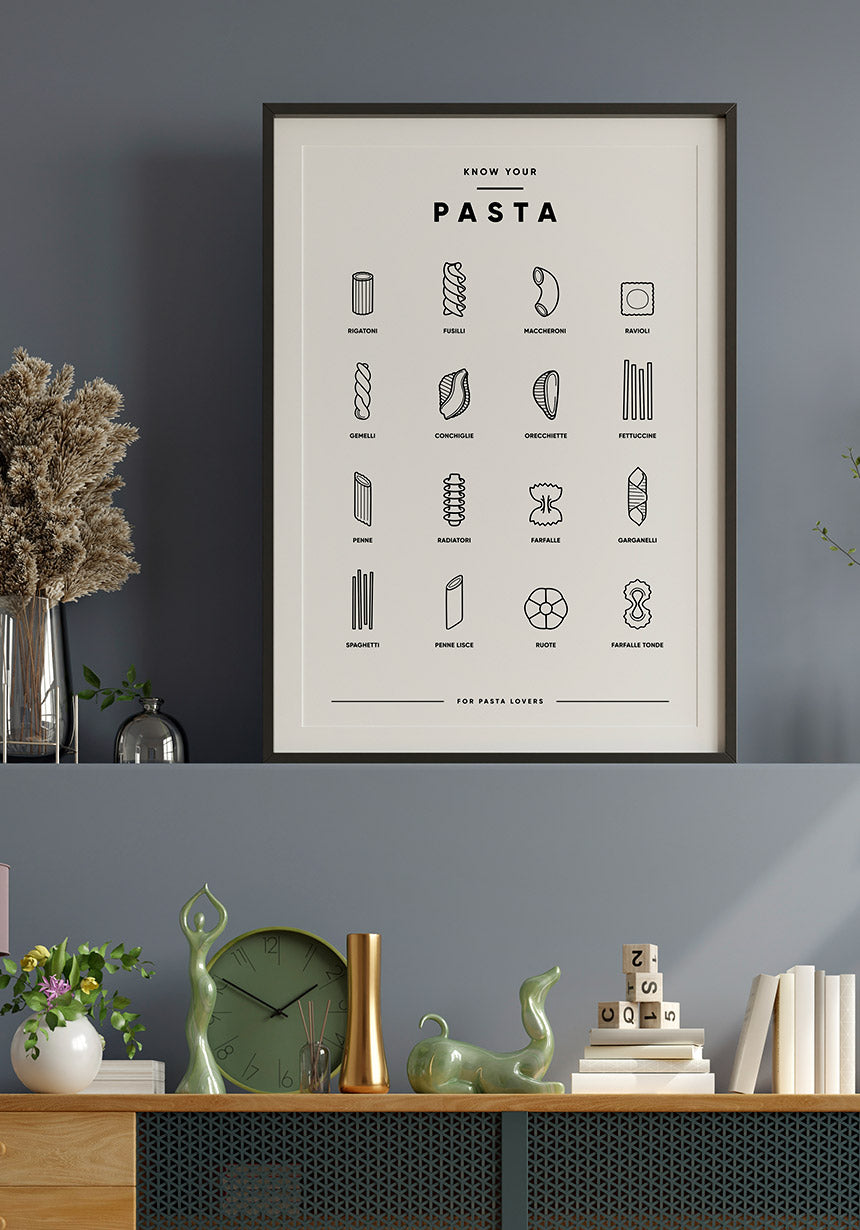 Poster Illustration Pasta-Sorten im Wohnzimmer