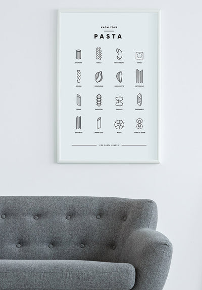 Poster Illustration Pasta-Sorten über Sofa