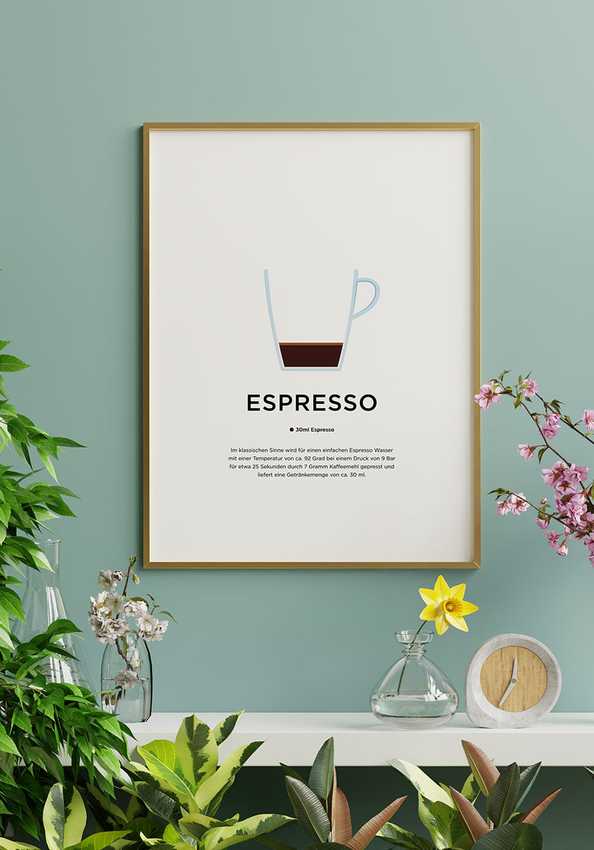 Espresso Poster mit Zubereitung im Bilderrahmen