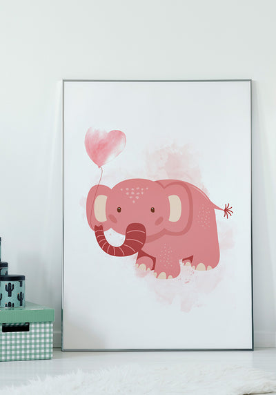 Rosa Elefanten Poster Illustration mit Luftballon vor weißer Wand