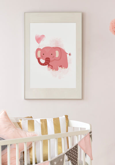 Rosa Elefanten Poster Illustration mit Luftballon über Babybett
