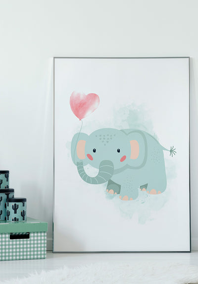 Türkis Elefanten Poster Illustration mit Luftballon an der Wand