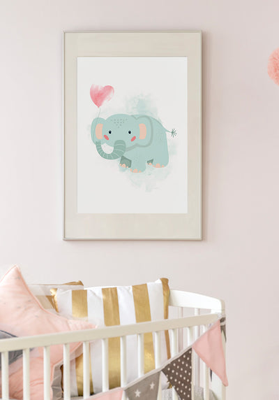 Türkis Elefanten Poster Illustration mit Luftballon im Kinderzimmer