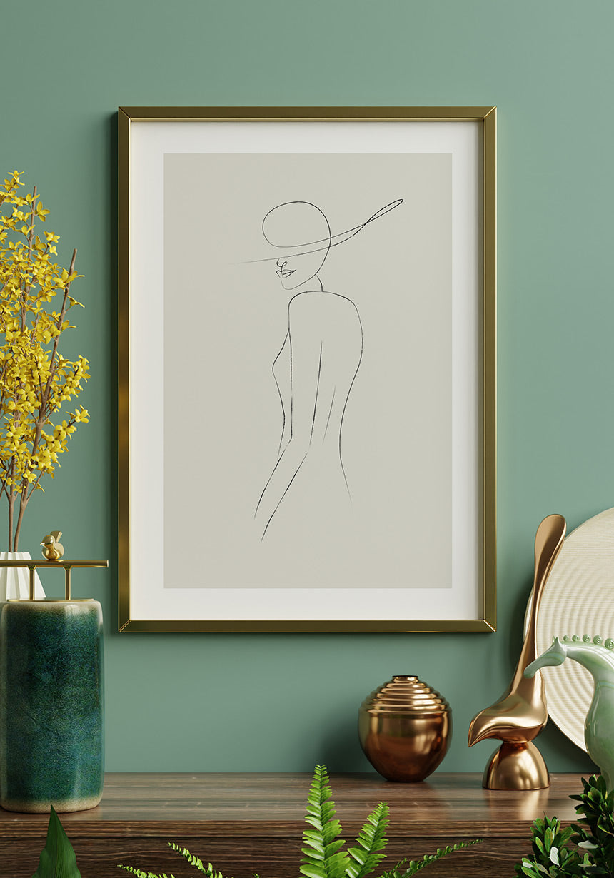 Line Art Poster Frau mit Hut goldener Rahmen