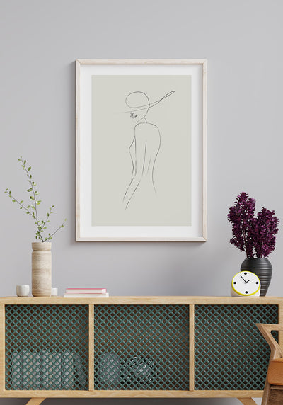 Line Art Poster Frau mit Hut Olivgrün