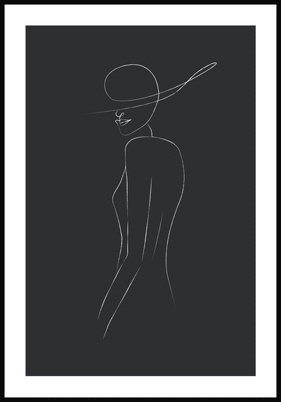 Line Art Poster Frau mit Hut Anthrazit