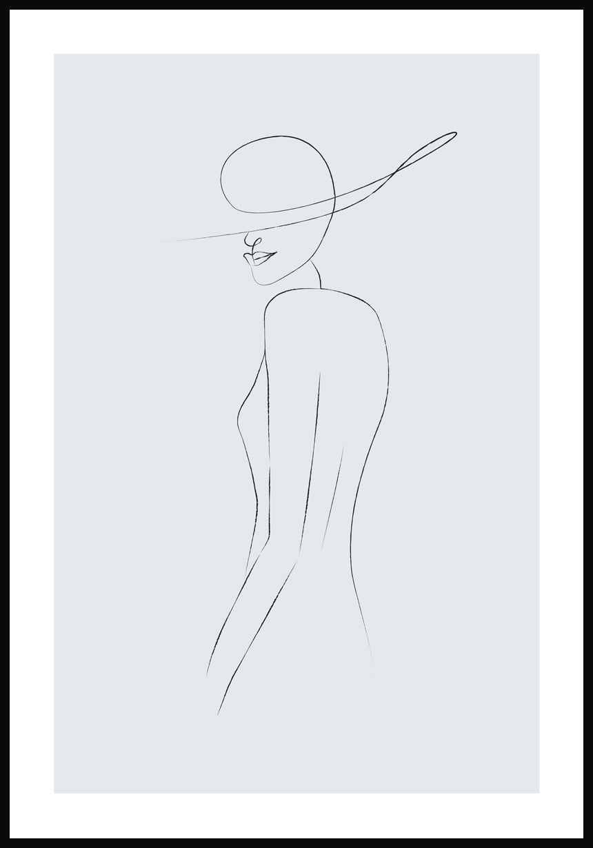 Line Art Poster Frau mit Hut Graublau