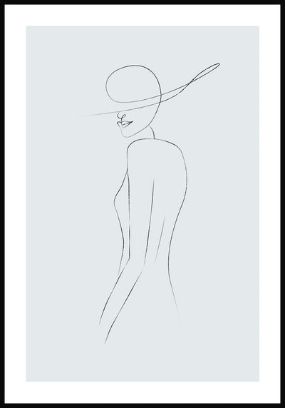 Line Art Poster Frau mit Hut Graublau