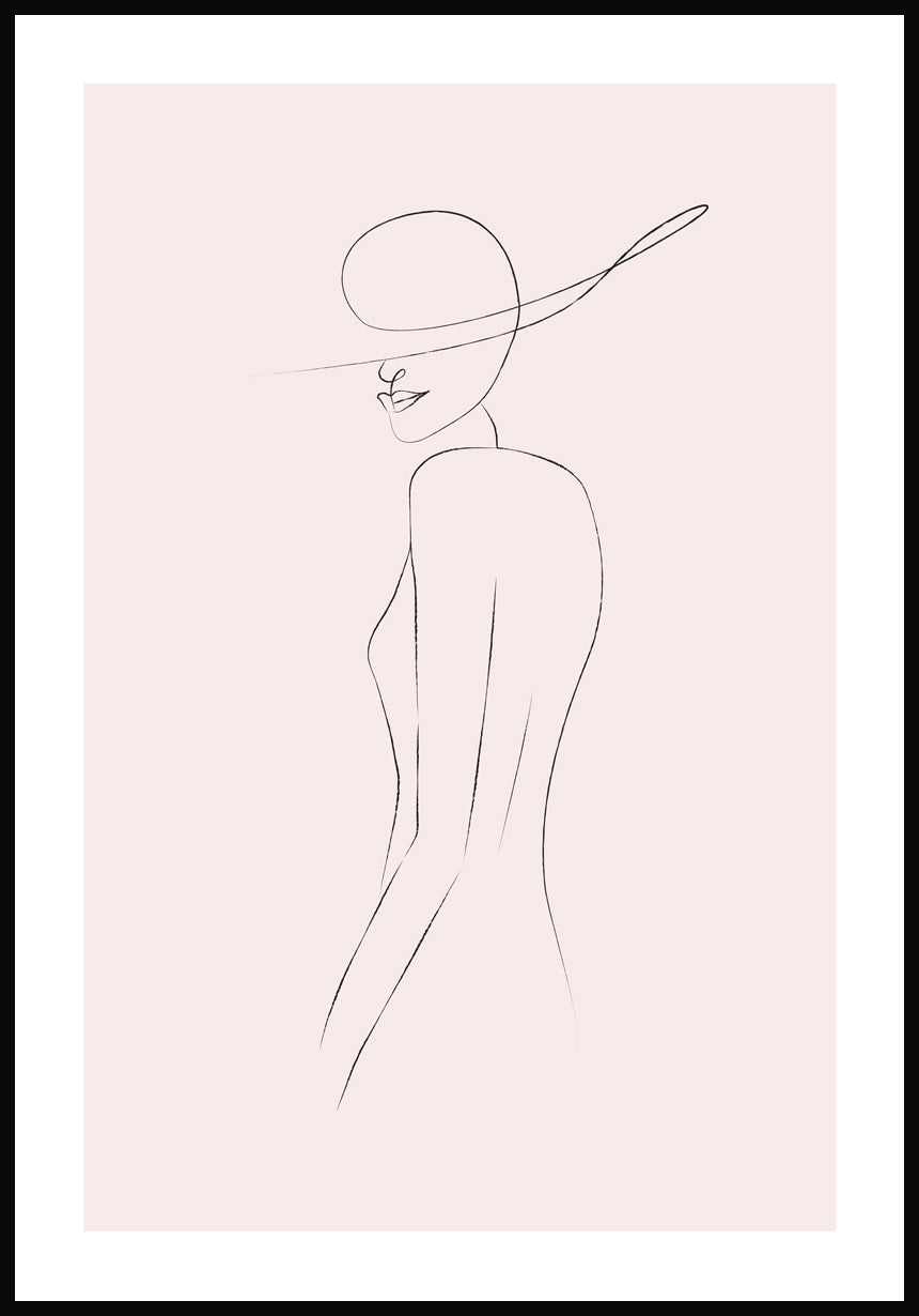 Line Art Poster Frau mit Hut Rosa