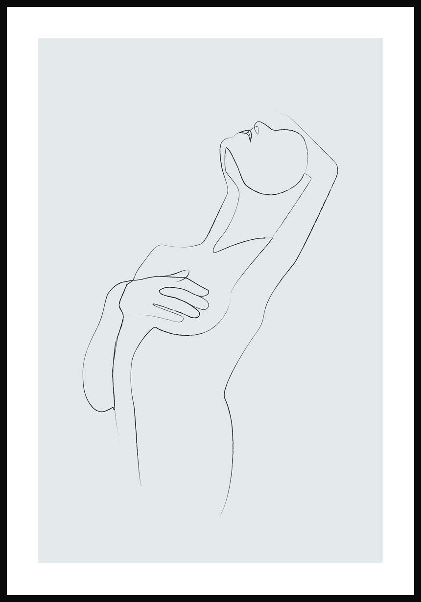 Poster Line Art sinnliche Frau verdecke Brust Graublau