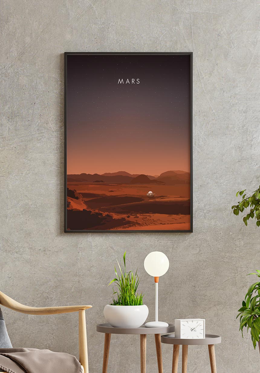 Illustriertes Poster Mars mit Rover roter Planet