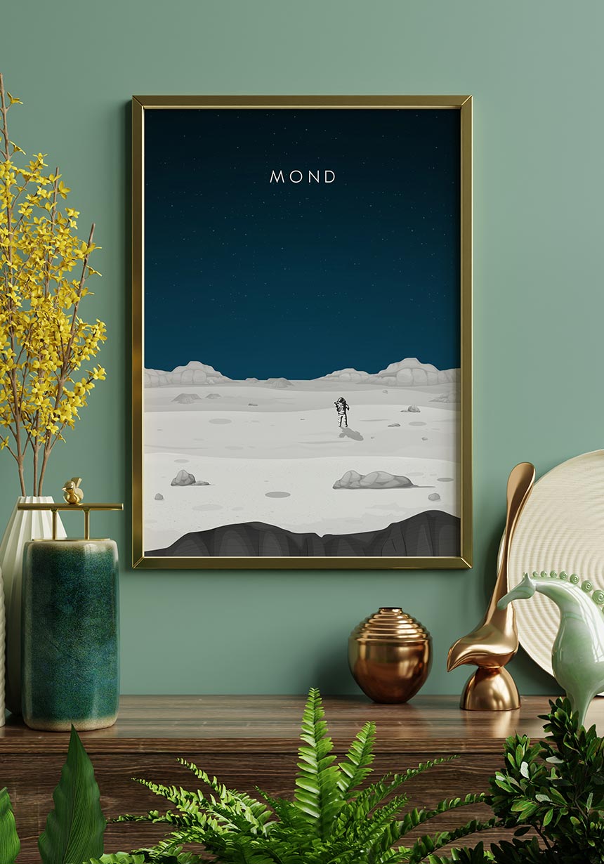 Illustriertes Poster Mond mit Astronaut Sandgestein