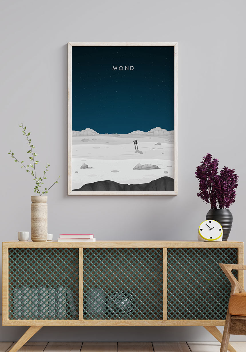 Illustriertes Poster Mond mit Astronaut im Rahmen