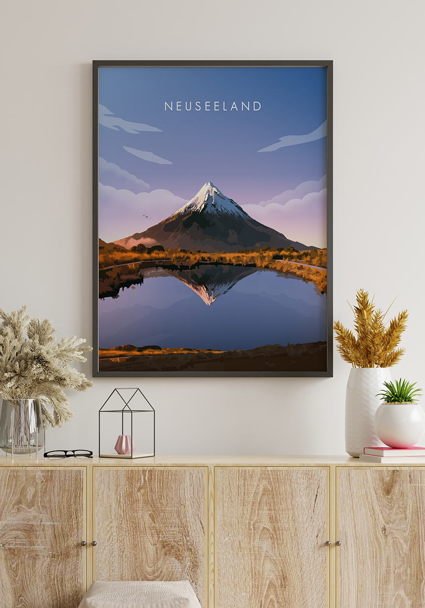 Illustriertes Poster Neuseeland mit Vulkan Bilderrahmen