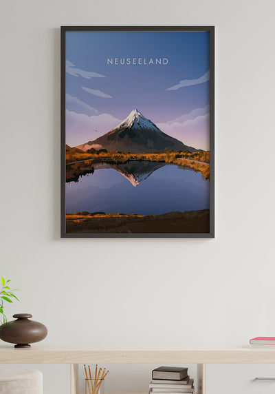 Illustriertes Poster Neuseeland mit Vulkan Wanddeko