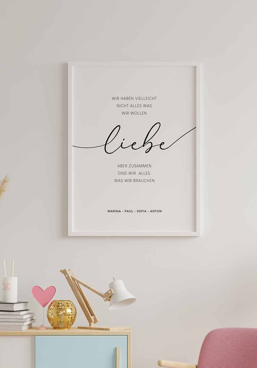 Poster personalisiert Familienspruch mit Liebe im Kinderzimmer