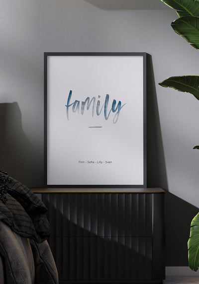 Poster personalisiert family Pinselschrift mit Namen im Schlafzimmer
