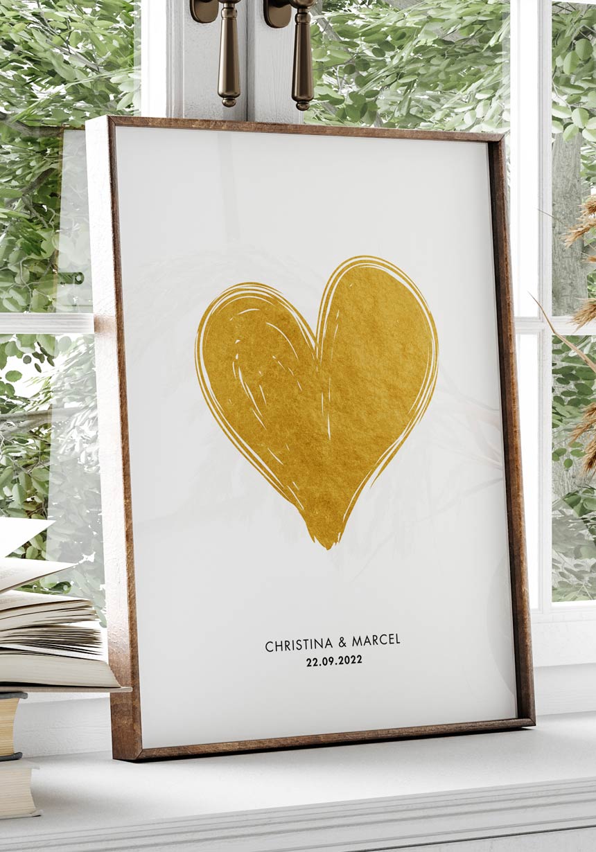 Personalisiertes Poster mit goldenem Herz zur Hochzeit