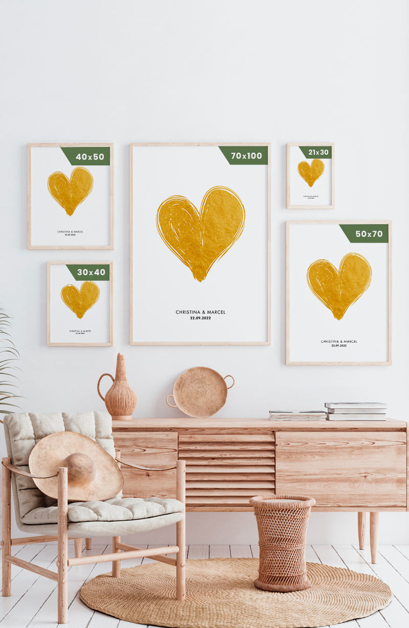 Personalisiertes Poster mit goldenem Herz Postergrößen