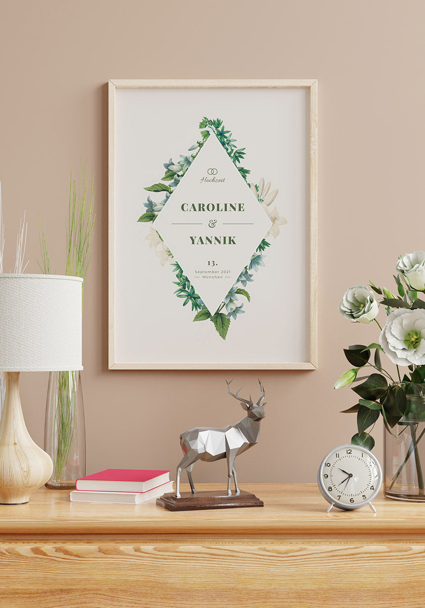 Personalisierbares Poster zur Hochzeit mit Blumen mit Bilderrahmen