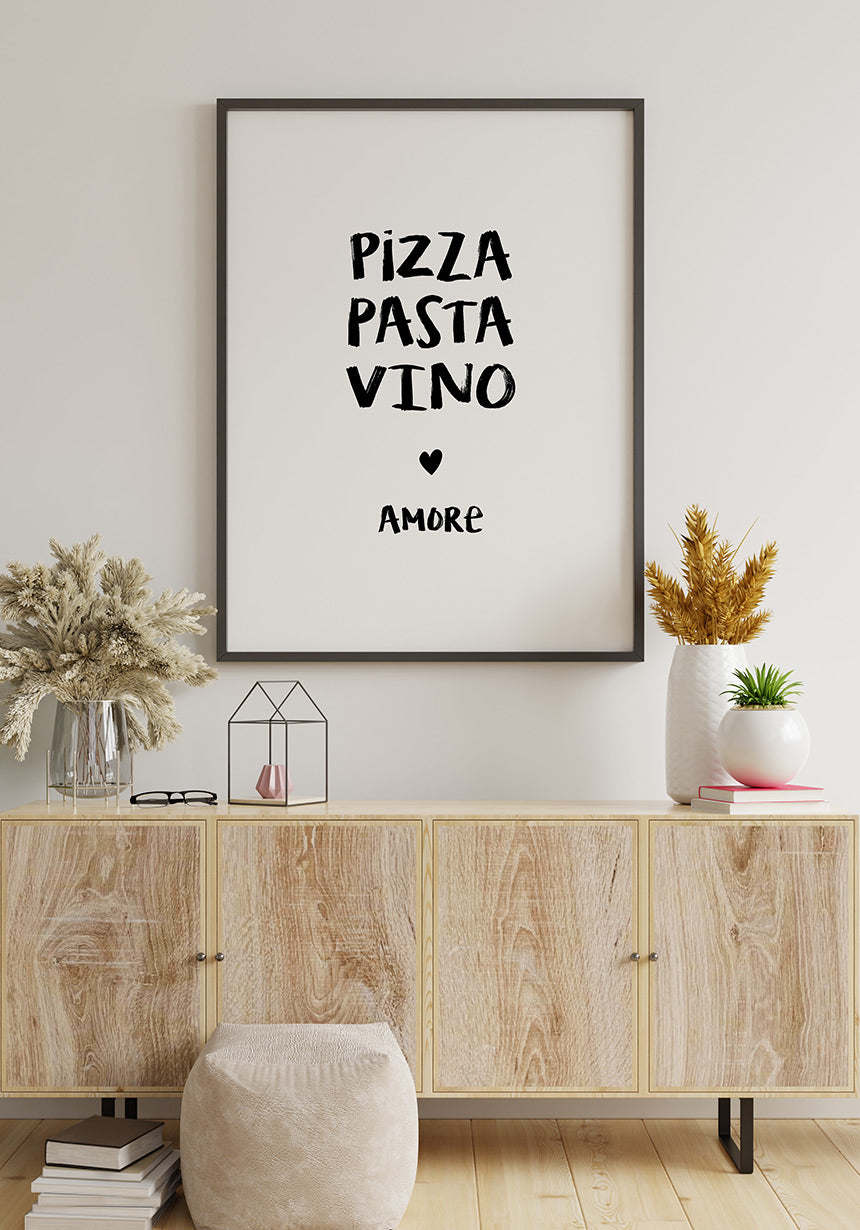 Pizza, Pasta, Vino & Amore Spruch Poster mit Herz